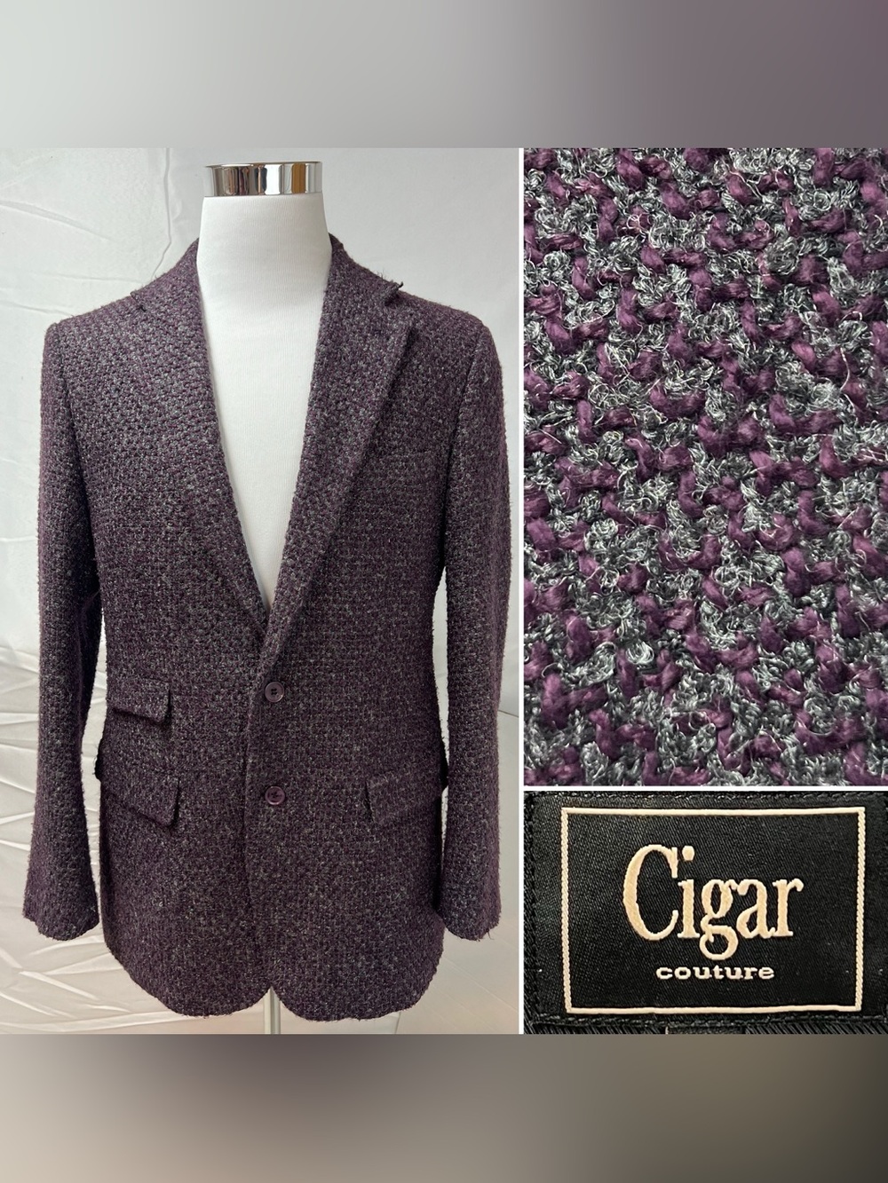 Cigar Couture Men’s L Purple Tweed 2 Button Blazer Jacket Sport Coat